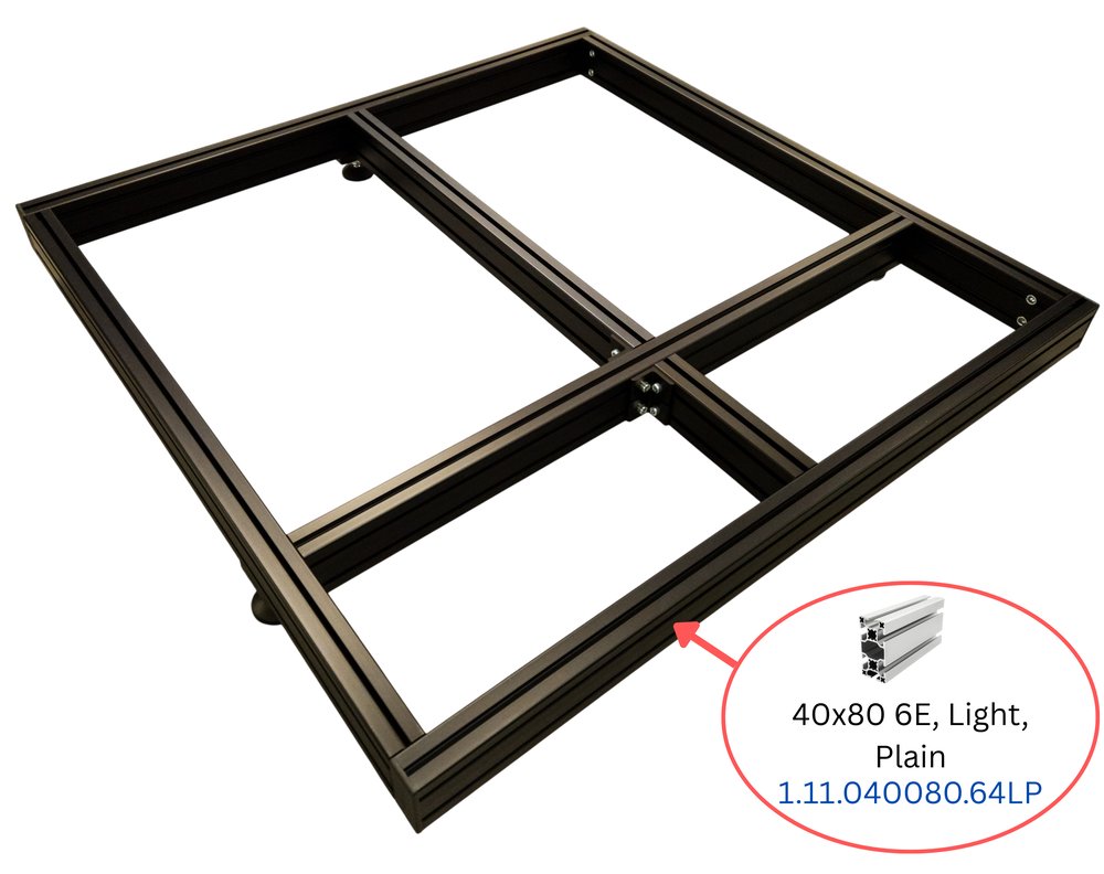 Real customer base frame built with 40x80 6E Light Plain extrusion profiles oriented tall for maximum rigidity